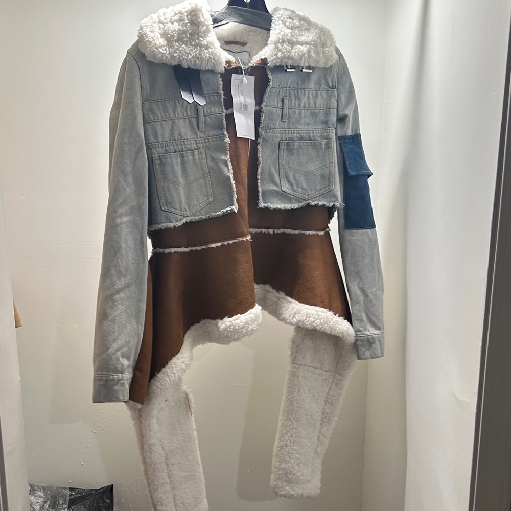 Two-Tone Faux Shearling Trim Denim Jacket in Grey & Brown